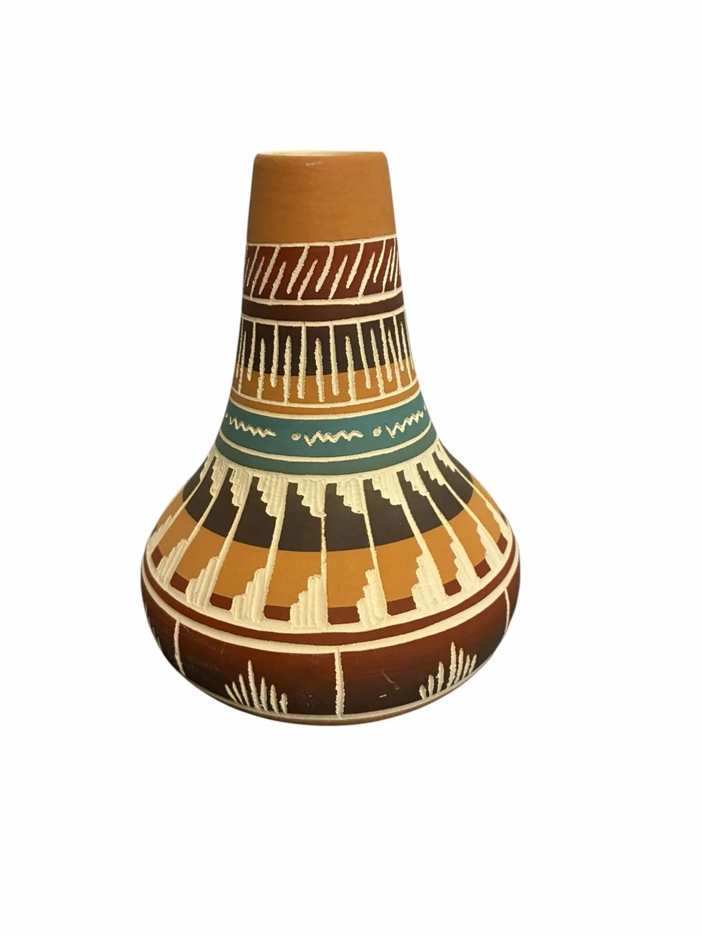 T Williams Navajo Hand Painted Etched Pottery Vase Southwestern Geometric Art